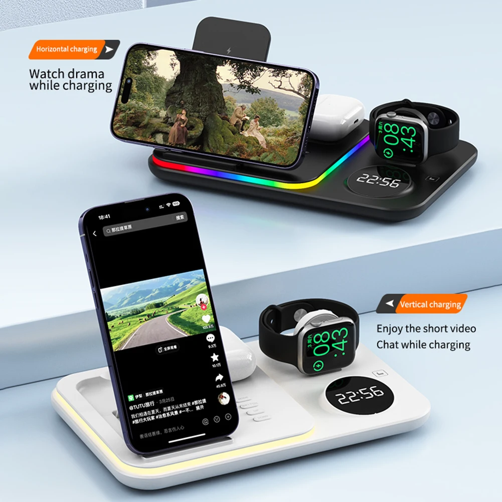Беспроводные быстрые зарядные устройства 4 в 1 для iPhone, док-станция для быстрой зарядки Apple Watch мощностью 30 Вт, защита от перегрузки по току с цифровыми часами 3