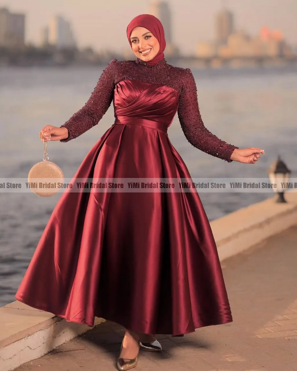 Бордовые платья для выпускного вечера для женщин в хиджабах, высокая шея, Длинные рукава, длина до щиколоток, жемчуг, Мусульманские вечерние платья для вечеринок, платье для официальных мероприятий 2