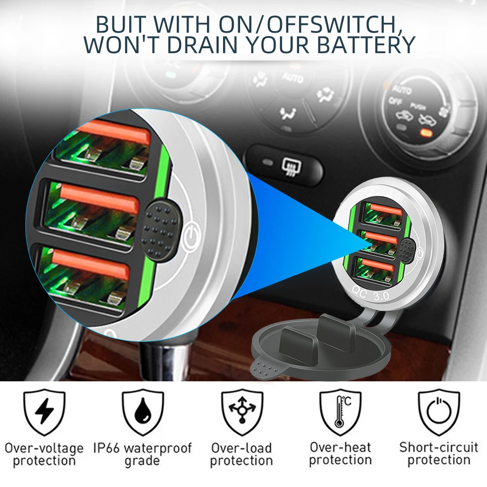 Быстрое зарядное устройство, алюминиевое QC3.0, 3-портовое USB-зарядное устройство для автомобильного телефона с кнопкой переключения, светодиодный дисплей напряжения для лодок 12 В/24 В, мотоциклов 2
