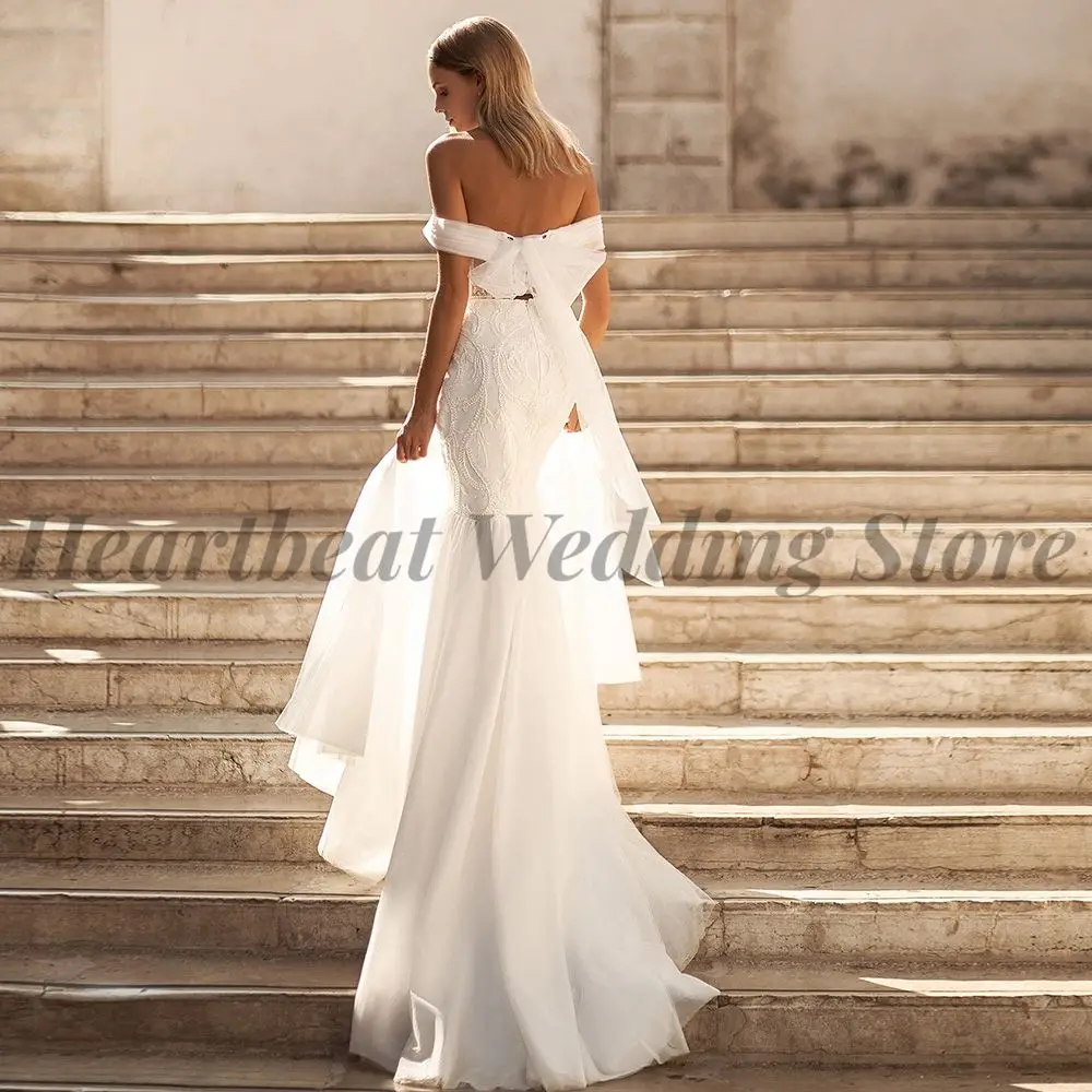 Великолепное свадебное платье с открытыми плечами 2023 для дам с аппликацией из бисера, пайеток, банта на спине в виде сердечка и шлейфа 4