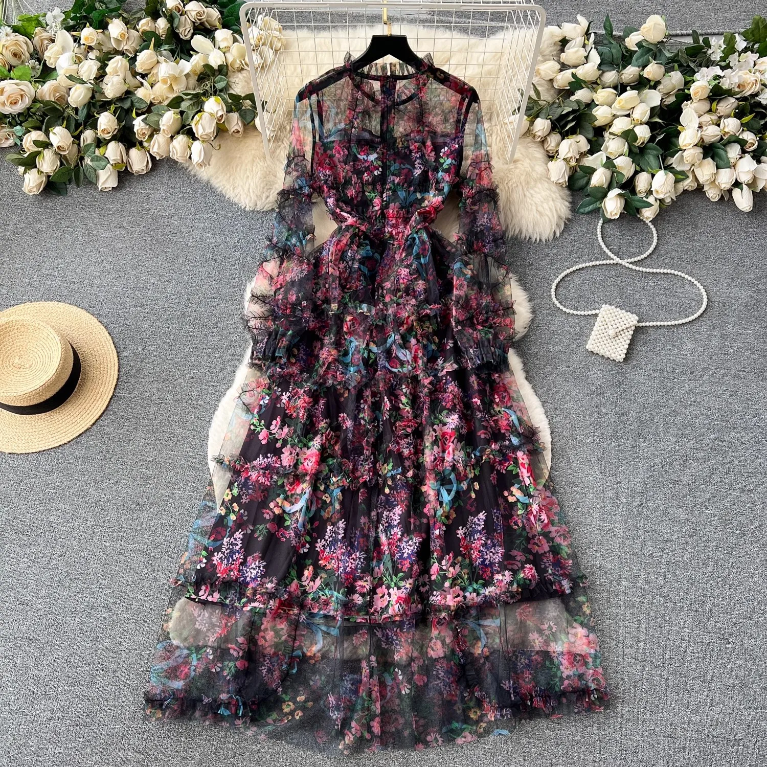 Весенне-летнее модное вечернее платье для подиума, женское платье с длинным рукавом и вышивкой в виде розы, Сетка, Винтажное Длинное платье M977 0