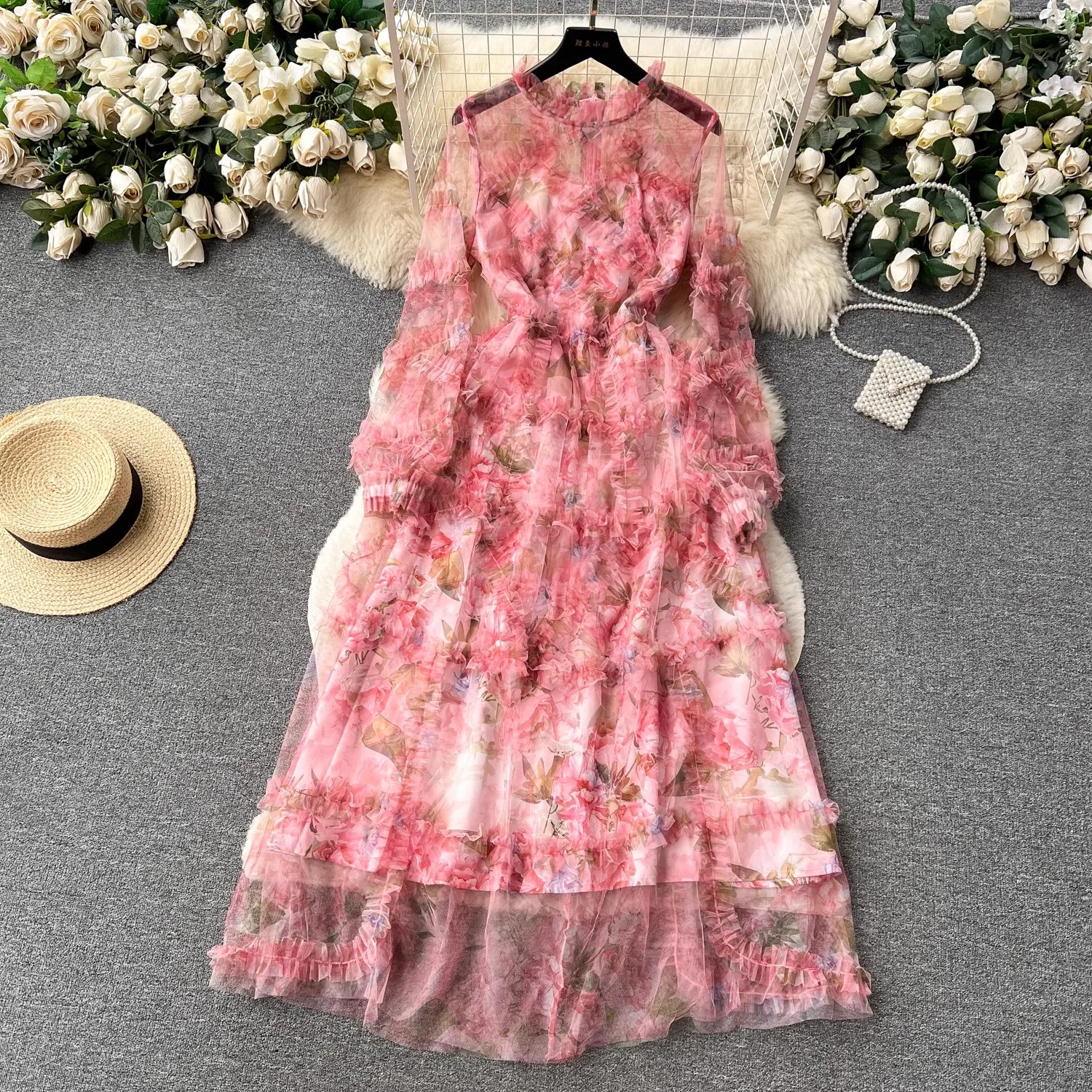 Весенне-летнее модное вечернее платье для подиума, женское платье с длинным рукавом и вышивкой в виде розы, Сетка, Винтажное Длинное платье M977 1