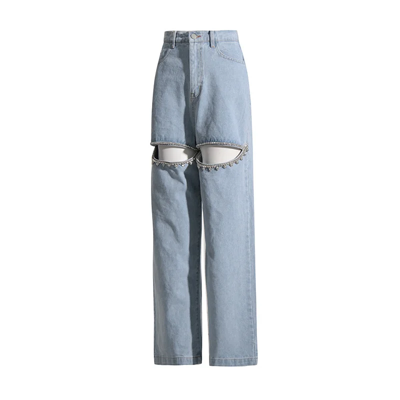 Весна / лето 2023, новые широкие джинсы, женские брюки с высокой талией и украшенным бриллиантами бисером, которые кажутся маленькими и 2