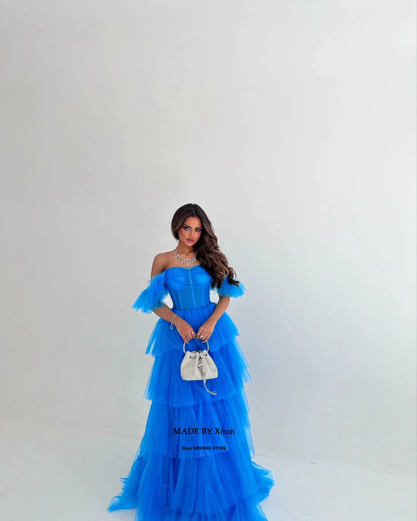 Выпускные платья Xijun Blue A-Line Ручной работы Элегантное многоуровневое вечернее платье из тюля для особых случаев Vestidos De Novia 1