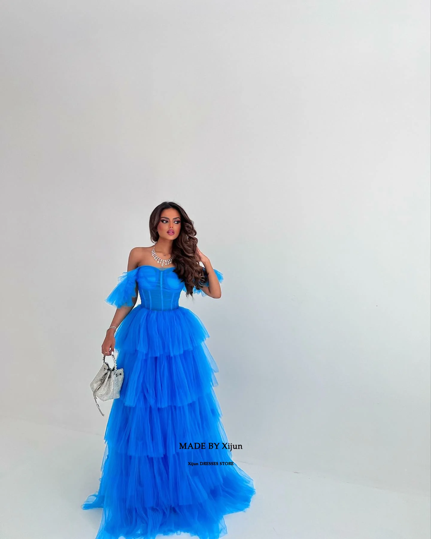 Выпускные платья Xijun Blue A-Line Ручной работы Элегантное многоуровневое вечернее платье из тюля для особых случаев Vestidos De Novia 2