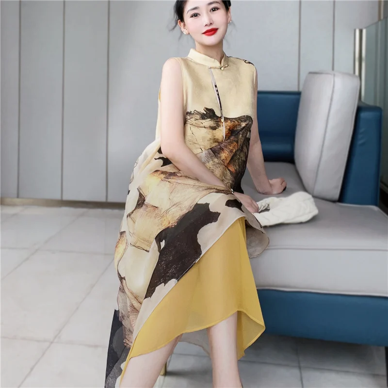 Высококлассный китайский стиль, шелковый Чонсам с чернильной печатью, воротник-стойка, без рукавов, Свободный нерегулярный подол, Элегантное женское платье M-XXL 1