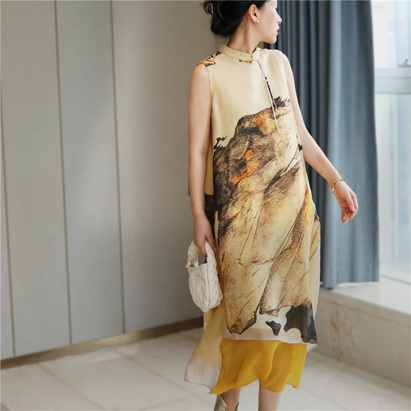 Высококлассный китайский стиль, шелковый Чонсам с чернильной печатью, воротник-стойка, без рукавов, Свободный нерегулярный подол, Элегантное женское платье M-XXL 2
