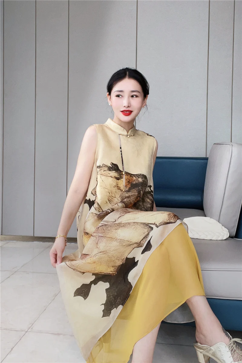 Высококлассный китайский стиль, шелковый Чонсам с чернильной печатью, воротник-стойка, без рукавов, Свободный нерегулярный подол, Элегантное женское платье M-XXL 3