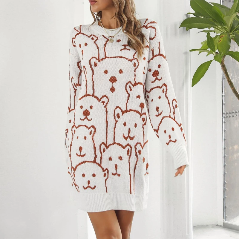 Вязаное платье-свитер Осень-зима с длинным рукавом, модное однотонное повседневное Свободное мини-платье, женские винтажные Элегантные Короткие платья 4