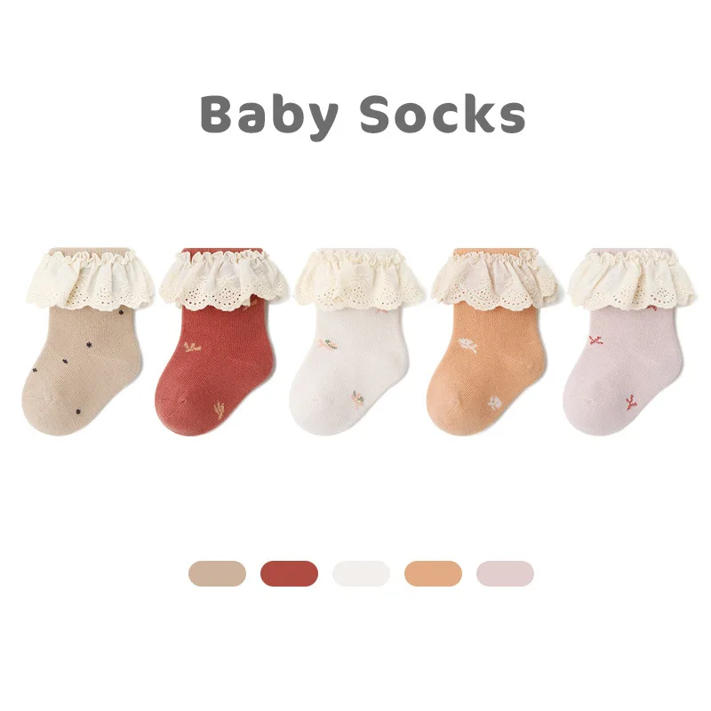 Детские носки для девочек, новорожденные, детские кружевные носки с оборками, носки для девочек, цветочный узор, хлопковые детские носки 0-5 лет 2