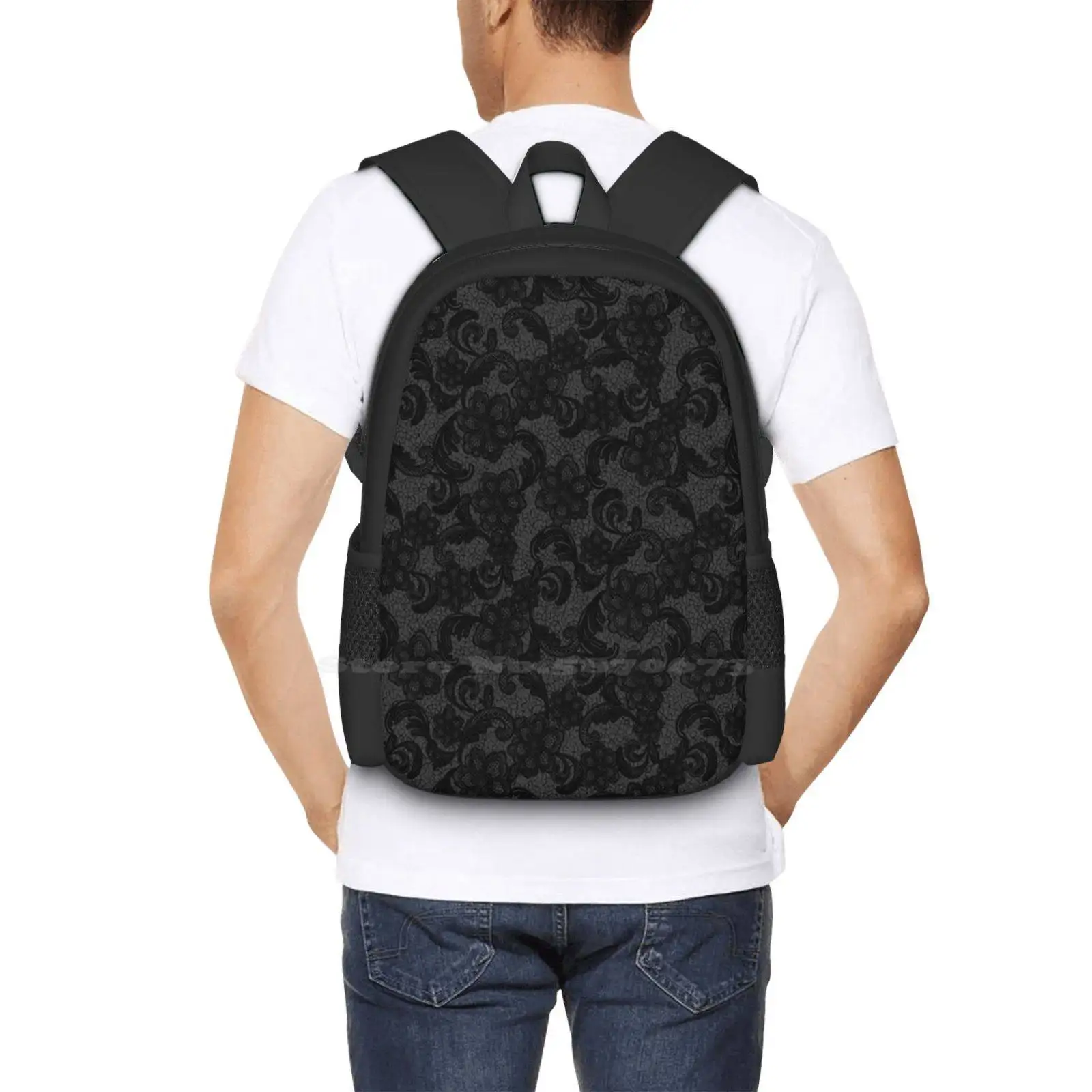Дизайнерская сумка с черным кружевным узором, Студенческий рюкзак, Черный кружевной узор, Довольно Сексуальный, Винтажный, Декоративный, с цветочным орнаментом, Темный 5