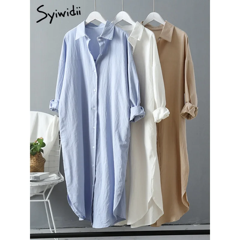Длинное Белое платье-рубашка Syiwidii для женщин, хлопок 2023, весенне-летняя повседневная Корейская одежда, Винтажный халат Миди Оверсайз 0