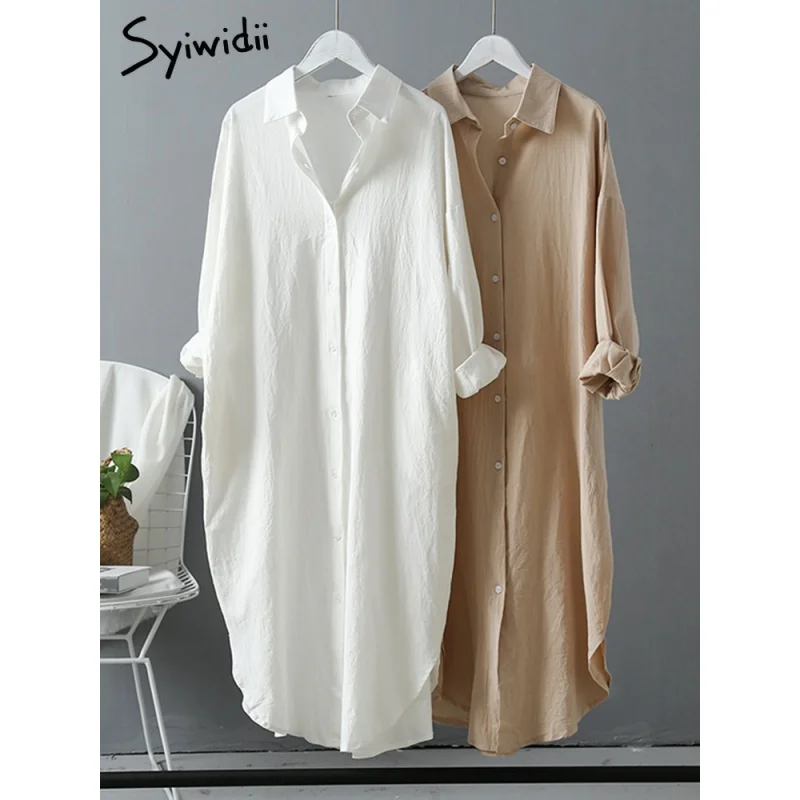 Длинное Белое платье-рубашка Syiwidii для женщин, хлопок 2023, весенне-летняя повседневная Корейская одежда, Винтажный халат Миди Оверсайз 1