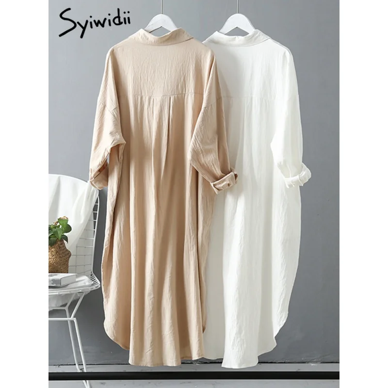 Длинное Белое платье-рубашка Syiwidii для женщин, хлопок 2023, весенне-летняя повседневная Корейская одежда, Винтажный халат Миди Оверсайз 2