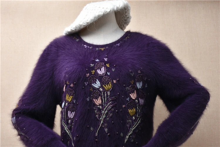 Женская Осенне-зимняя одежда, винтажная вышивка, Цветочная шерсть ангорского кролика, Вязаные тонкие блузки с круглым вырезом, пуловеры, свитера, тянущиеся за свитер 1