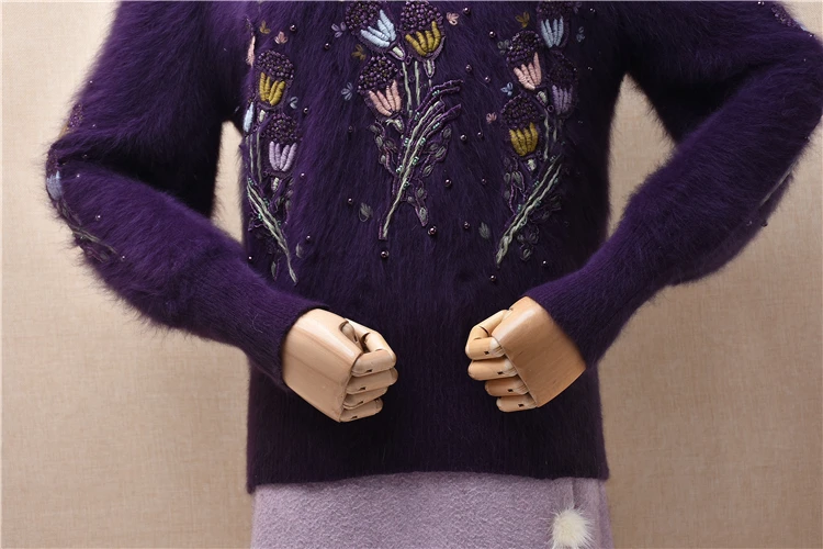 Женская Осенне-зимняя одежда, винтажная вышивка, Цветочная шерсть ангорского кролика, Вязаные тонкие блузки с круглым вырезом, пуловеры, свитера, тянущиеся за свитер 2