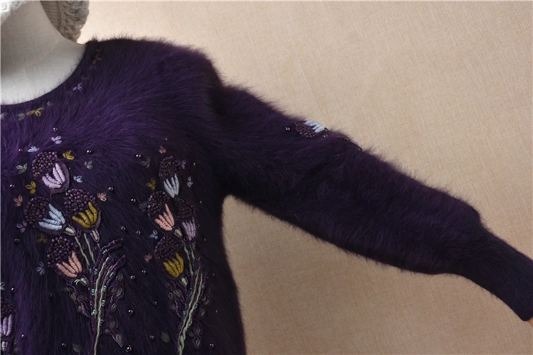 Женская Осенне-зимняя одежда, винтажная вышивка, Цветочная шерсть ангорского кролика, Вязаные тонкие блузки с круглым вырезом, пуловеры, свитера, тянущиеся за свитер 3
