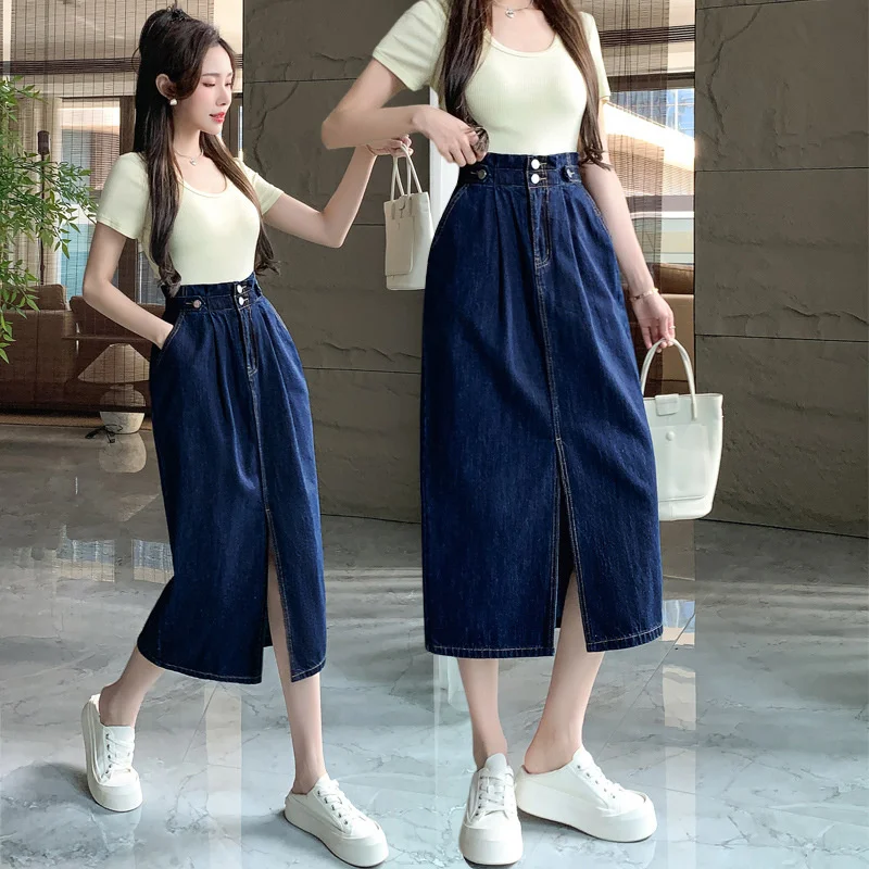 Женская джинсовая юбка с разрезом с высокой талией, новая летняя юбка-трапеция 2023 года, юбка с запахом до половины ягодиц, маленькая длинная юбка 1