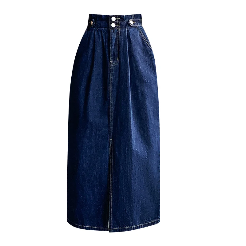 Женская джинсовая юбка с разрезом с высокой талией, новая летняя юбка-трапеция 2023 года, юбка с запахом до половины ягодиц, маленькая длинная юбка 4