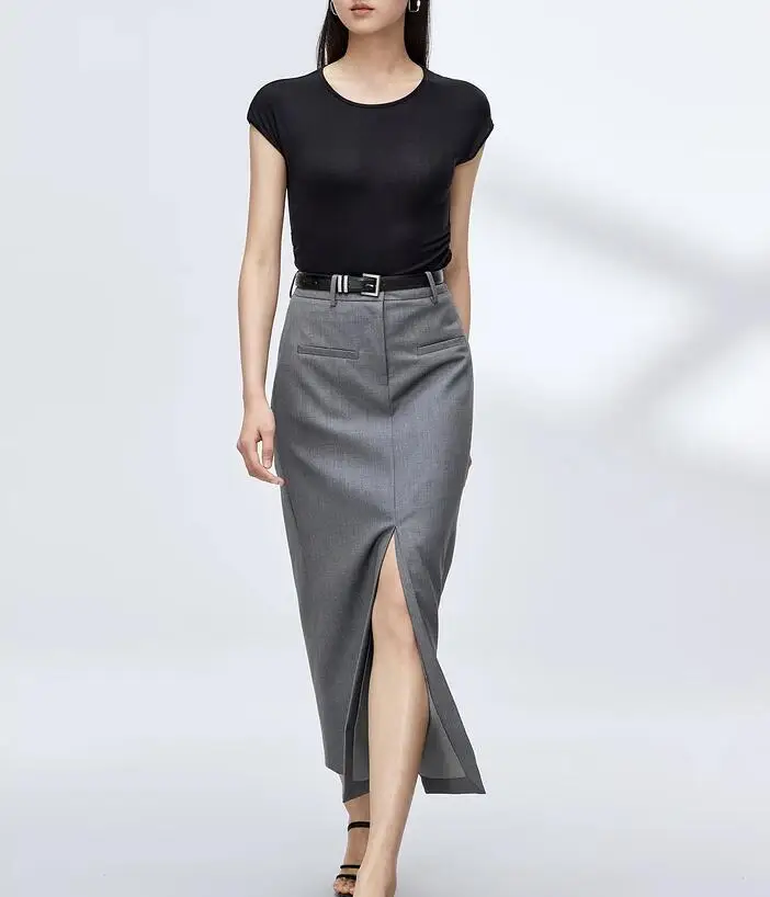 Женская подиумная мода, Высококачественная Дизайнерская серая юбка с разрезом, Женская Осенне-зимняя Длинная юбка с высокой талией TB1687 0