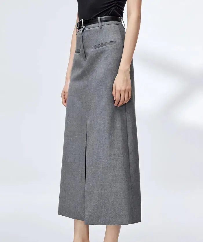Женская подиумная мода, Высококачественная Дизайнерская серая юбка с разрезом, Женская Осенне-зимняя Длинная юбка с высокой талией TB1687 1