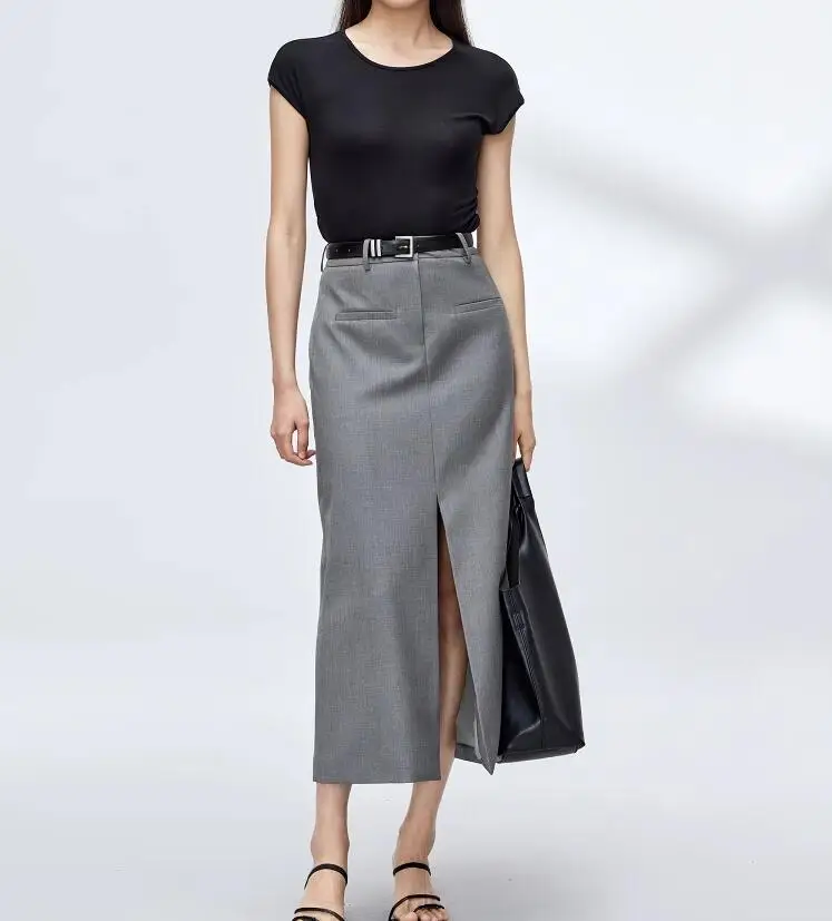Женская подиумная мода, Высококачественная Дизайнерская серая юбка с разрезом, Женская Осенне-зимняя Длинная юбка с высокой талией TB1687 2