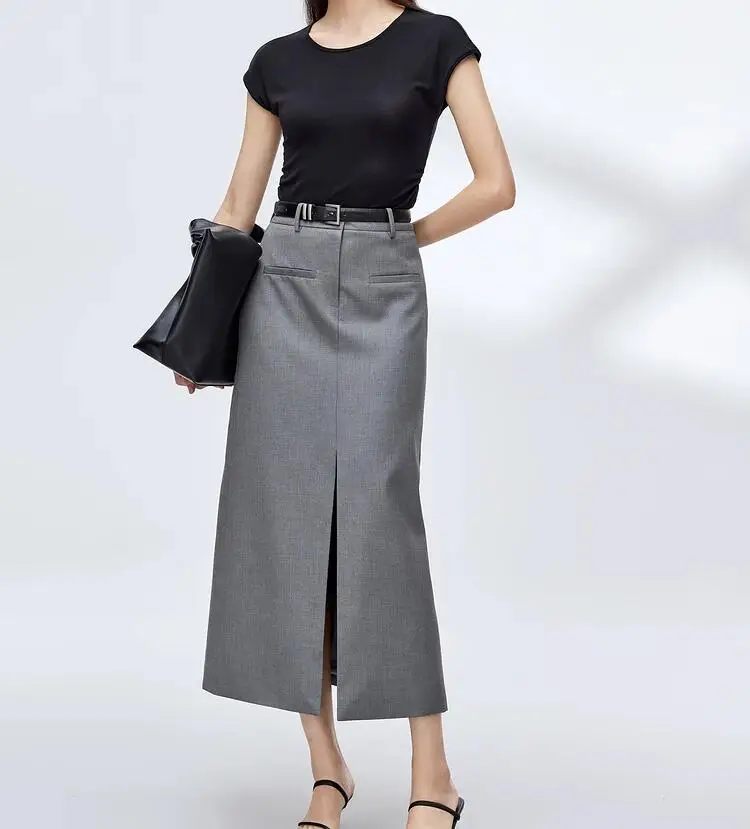 Женская подиумная мода, Высококачественная Дизайнерская серая юбка с разрезом, Женская Осенне-зимняя Длинная юбка с высокой талией TB1687 3