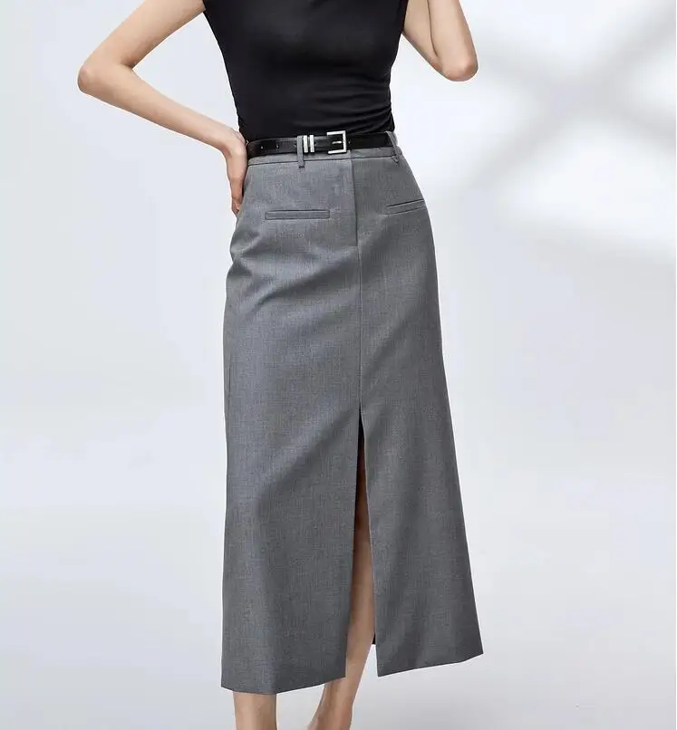Женская подиумная мода, Высококачественная Дизайнерская серая юбка с разрезом, Женская Осенне-зимняя Длинная юбка с высокой талией TB1687 4