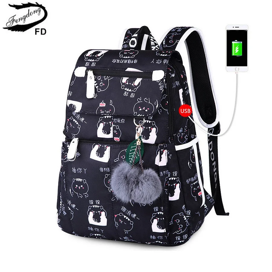 Женский школьный рюкзак Fengdong, школьные сумки с USB-разъемом для девочек, черный рюкзак, плюшевый мяч, школьная сумка для девочек, украшение в виде бабочки 0