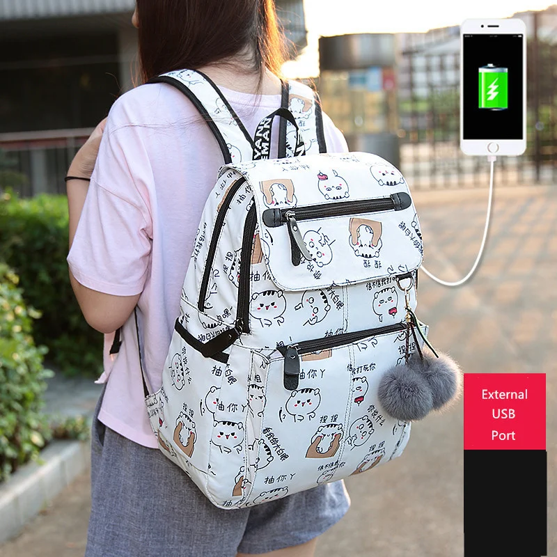 Женский школьный рюкзак Fengdong, школьные сумки с USB-разъемом для девочек, черный рюкзак, плюшевый мяч, школьная сумка для девочек, украшение в виде бабочки 2