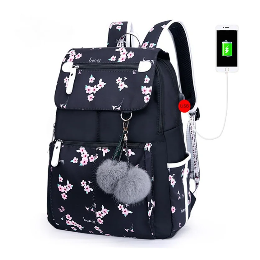 Женский школьный рюкзак Fengdong, школьные сумки с USB-разъемом для девочек, черный рюкзак, плюшевый мяч, школьная сумка для девочек, украшение в виде бабочки 5