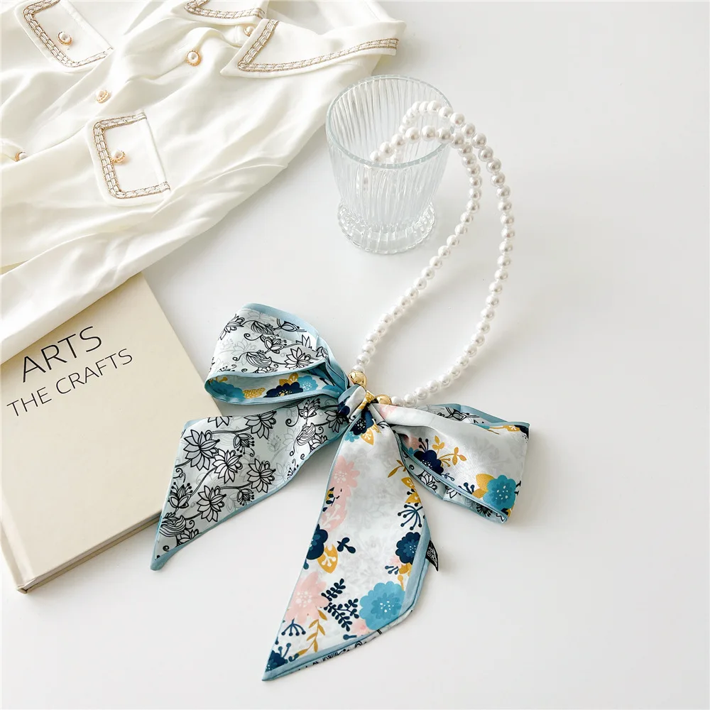Женское весенне-осенне-летнее винтажное жемчужное ожерелье, Маленький шелковый шарф, цепочка-ожерелье с универсальными лентами, шарфы для украшения 4