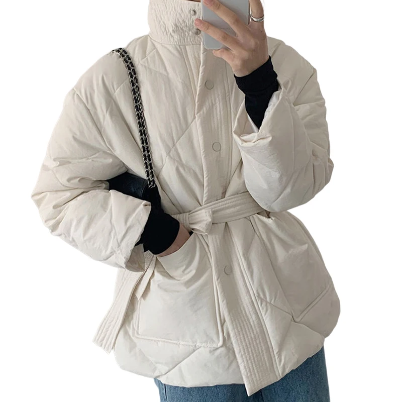 Зима 2023, Белое Короткое Хлопковое пальто, Женские утепленные Повседневные пальто с длинным рукавом, Хлопковая куртка в клетку со шнуровкой на талии, хлопковая куртка 5