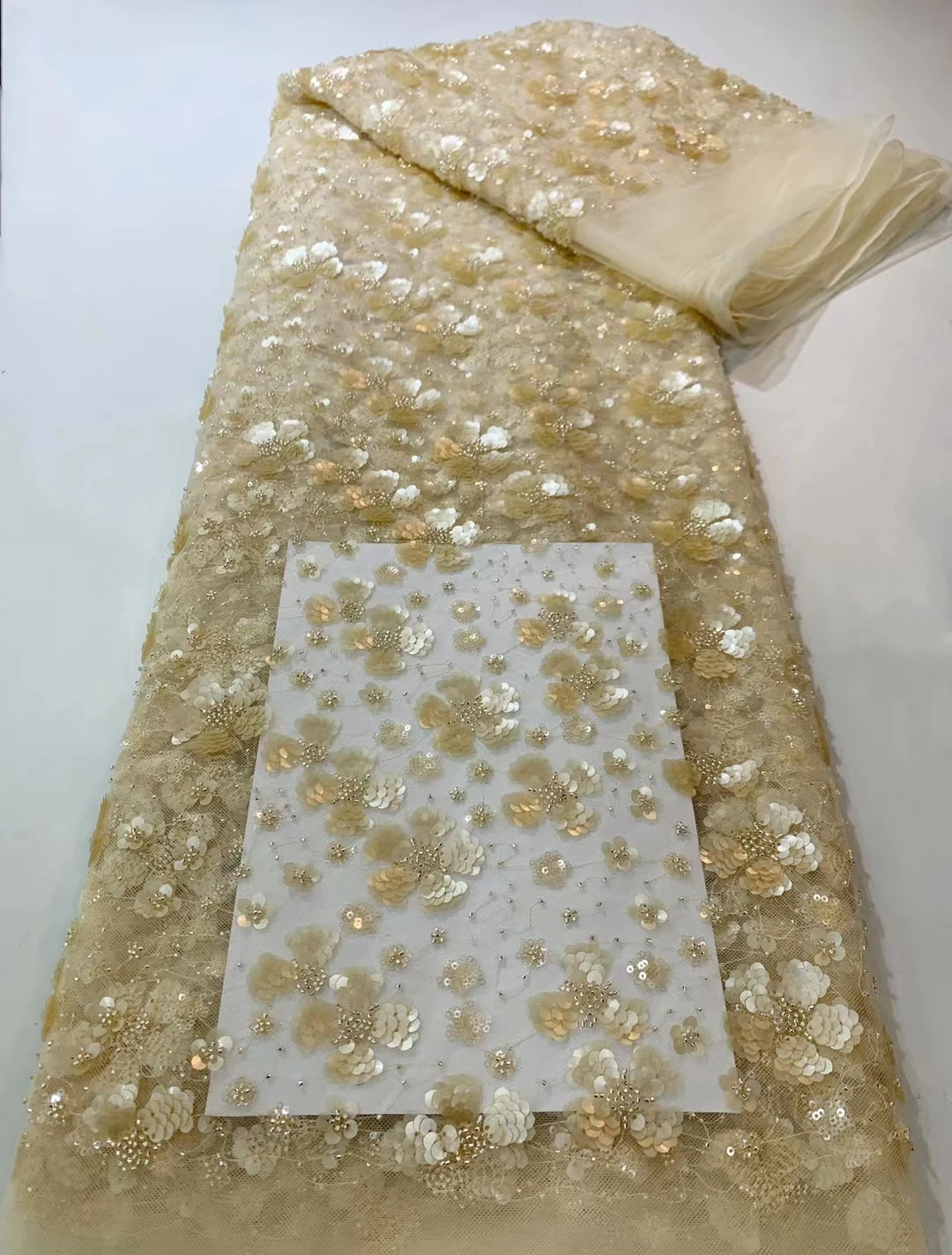 Золотые 3D Цветы, блестки, Французская кружевная ткань 2023, Высококачественные Африканские бусины-тюбики, Нигерийская кружевная ткань для вечернего платья KHD23153 0