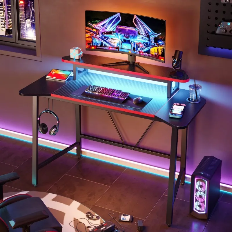 Игровой стол 50,3 дюйма, Компьютерный офисный стол со светодиодной подсветкой, подставка для монитора, черный 1