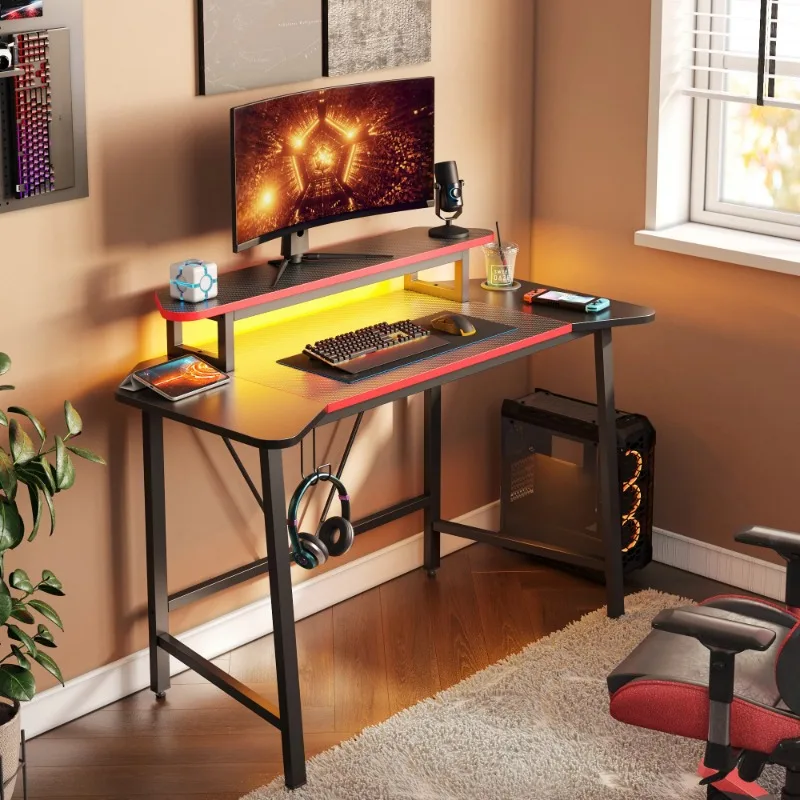 Игровой стол 50,3 дюйма, Компьютерный офисный стол со светодиодной подсветкой, подставка для монитора, черный 2