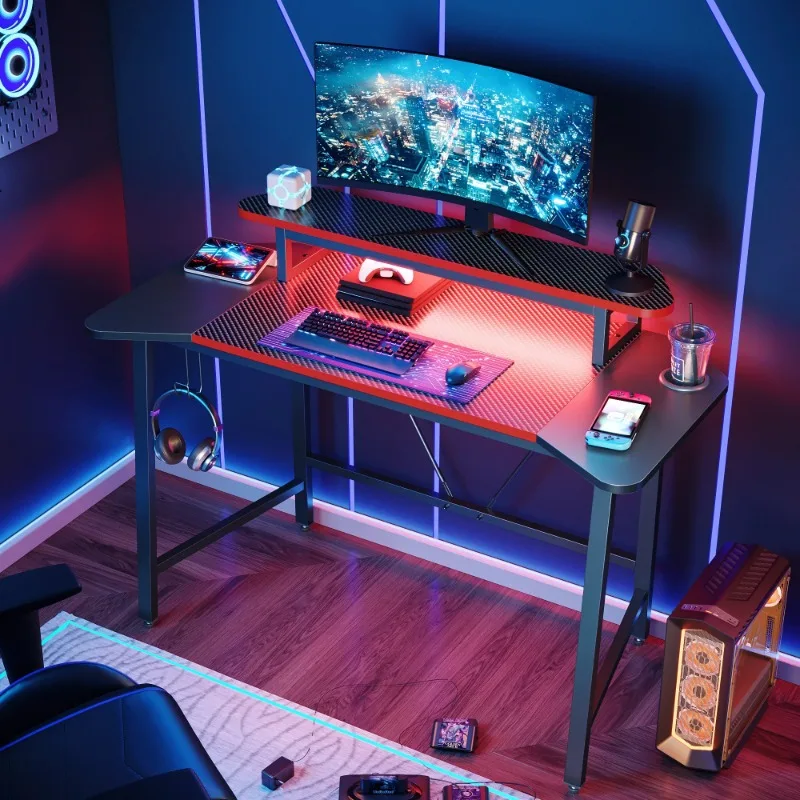Игровой стол 50,3 дюйма, Компьютерный офисный стол со светодиодной подсветкой, подставка для монитора, черный 5