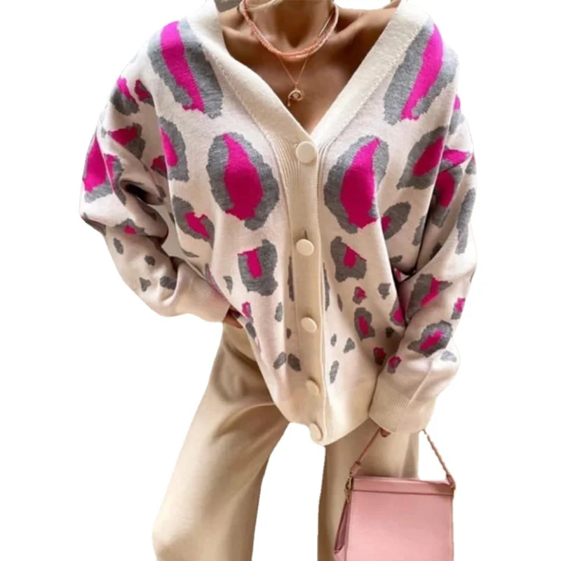 Кардиган с леопардовым принтом, женские пальто с длинным рукавом и пуговицами, вязаные топы с V-образным вырезом, осенне-зимняя одежда для женщин, свитера, Кардиганы 4