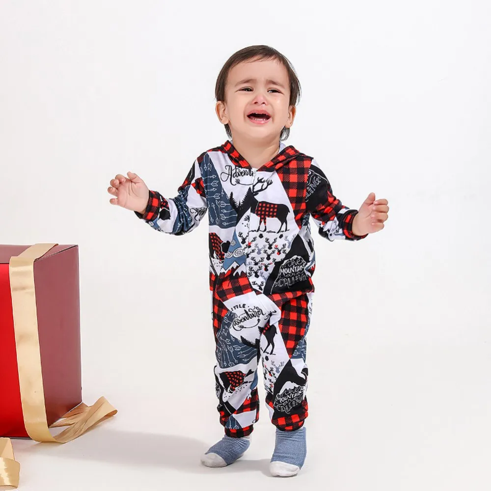 Комплект рождественской семейной одежды с рисунком Лося, пижамы в клетку с капюшоном для взрослых и детей, Семейные пижамы, Рождественский костюм 4