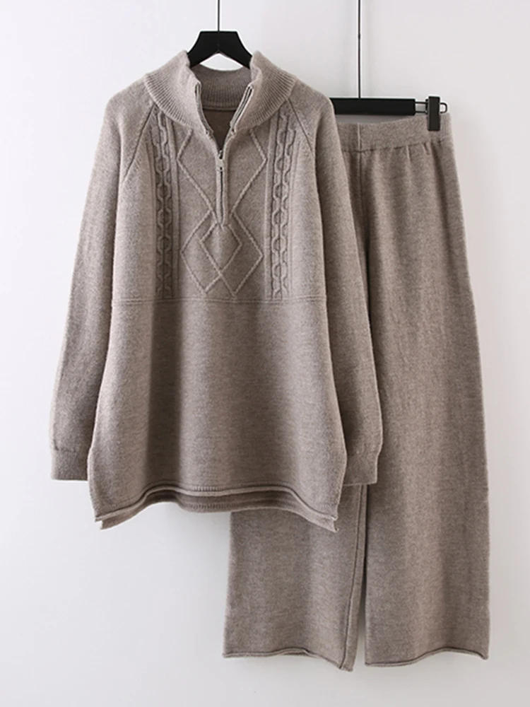 Комплекты из двух предметов, Женские свитера Outifits, осень-зима 2023, Новые трикотажные пуловеры на молнии с длинным рукавом + однотонные широкие брюки 1