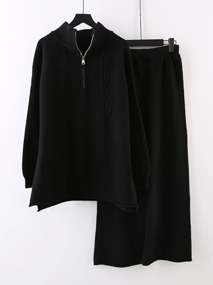 Комплекты из двух предметов, Женские свитера Outifits, осень-зима 2023, Новые трикотажные пуловеры на молнии с длинным рукавом + однотонные широкие брюки 2