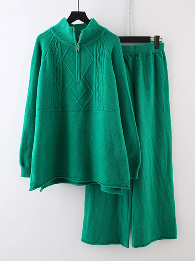 Комплекты из двух предметов, Женские свитера Outifits, осень-зима 2023, Новые трикотажные пуловеры на молнии с длинным рукавом + однотонные широкие брюки 3