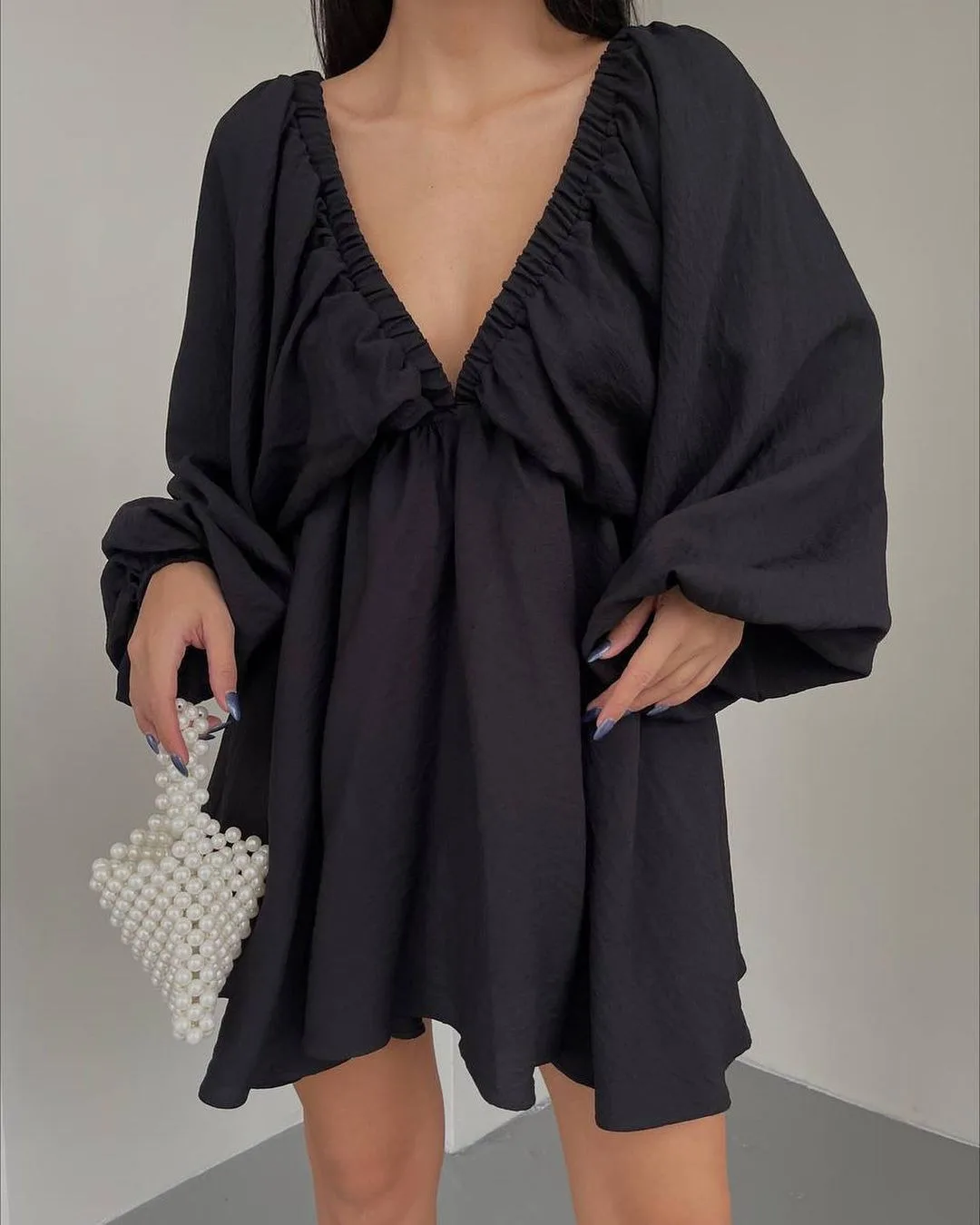 Летнее Осеннее элегантное повседневное мини-платье, сексуальное женское темпераментное мини-платье с V-образным вырезом и длинными рукавами, мини-юбка-качели, женская пляжная одежда 1