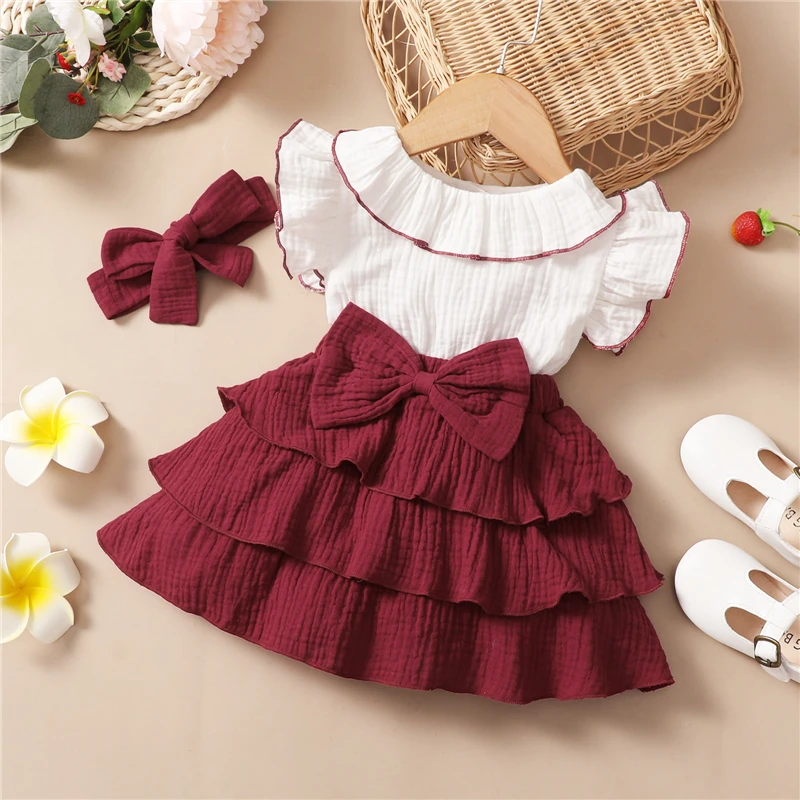 Летнее милое платье для малышей и девочек контрастного цвета с круглым воротом, летящими рукавами, платье для торта трапециевидной формы + повязка на голову 0
