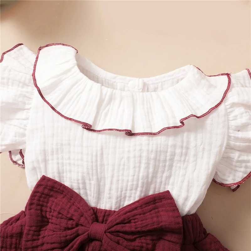 Летнее милое платье для малышей и девочек контрастного цвета с круглым воротом, летящими рукавами, платье для торта трапециевидной формы + повязка на голову 3