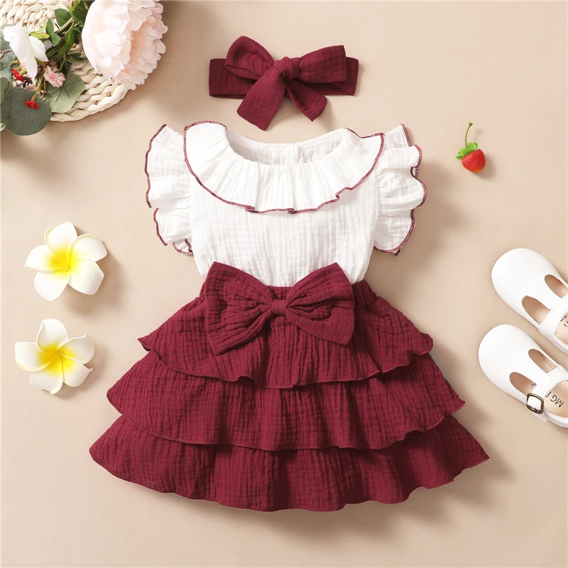 Летнее милое платье для малышей и девочек контрастного цвета с круглым воротом, летящими рукавами, платье для торта трапециевидной формы + повязка на голову 4