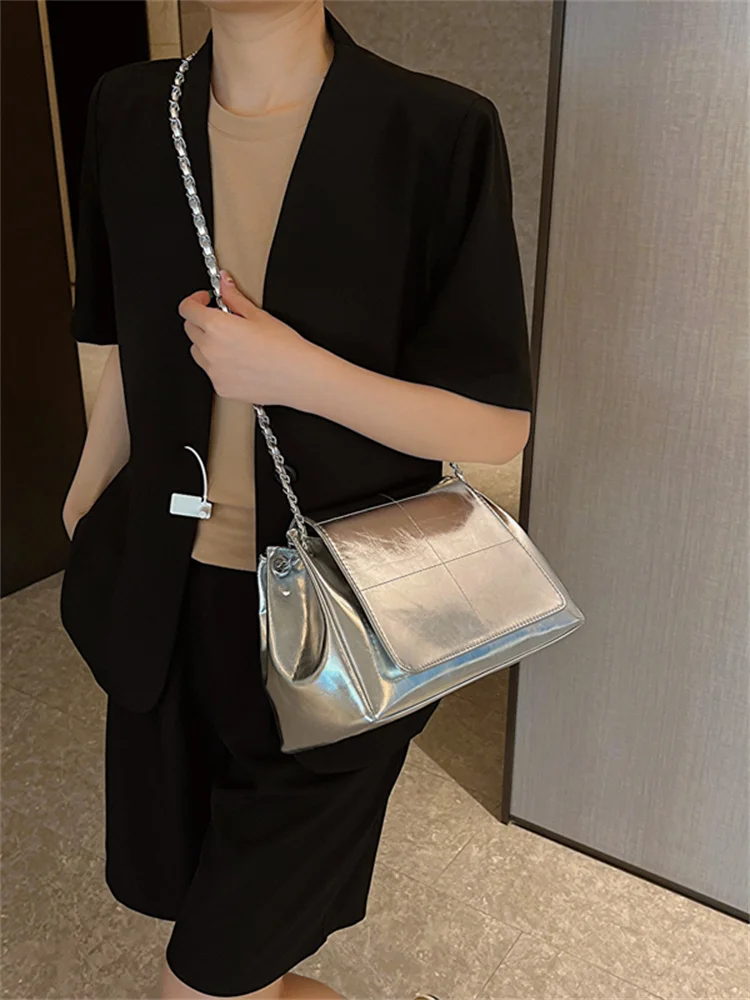Металлическая сумка через плечо для женщин 2023, мягкая сумка через плечо на цепочке из искусственной кожи, роскошные дизайнерские сумки с клапаном, Hobo Travel Shopper 3