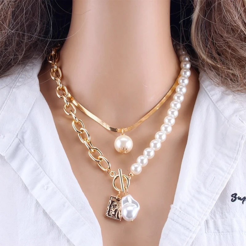 Модное жемчужное ожерелье с цепочкой для женщин из металлического шарма с жемчугом в стиле барокко, колье, цепочка-змейка, ювелирные изделия золотого, серебряного цвета 1
