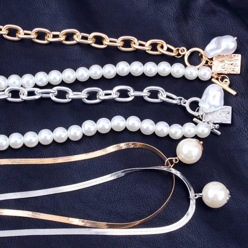 Модное жемчужное ожерелье с цепочкой для женщин из металлического шарма с жемчугом в стиле барокко, колье, цепочка-змейка, ювелирные изделия золотого, серебряного цвета 3