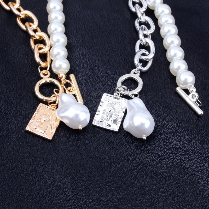 Модное жемчужное ожерелье с цепочкой для женщин из металлического шарма с жемчугом в стиле барокко, колье, цепочка-змейка, ювелирные изделия золотого, серебряного цвета 4